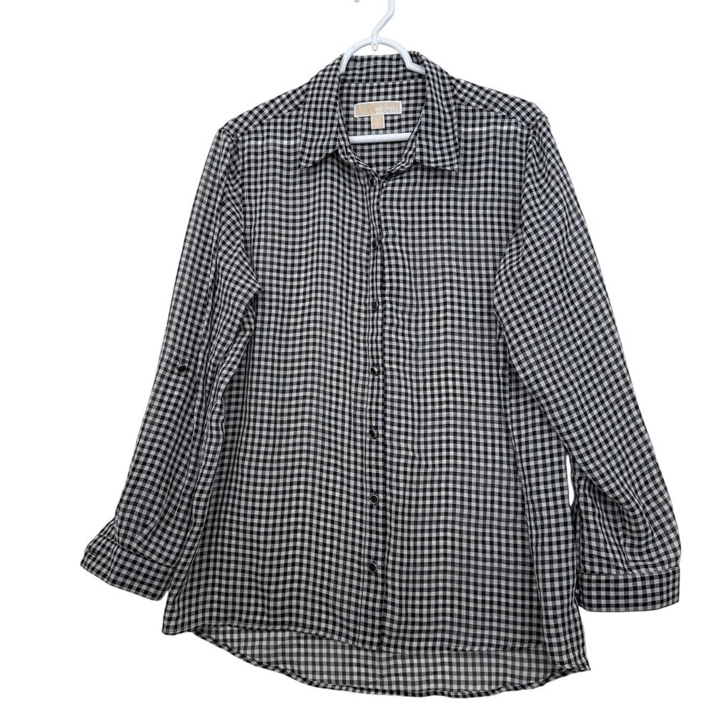 Michael Kors Womens Black White Gingham Button Up Shirt Size L Preppy Academia